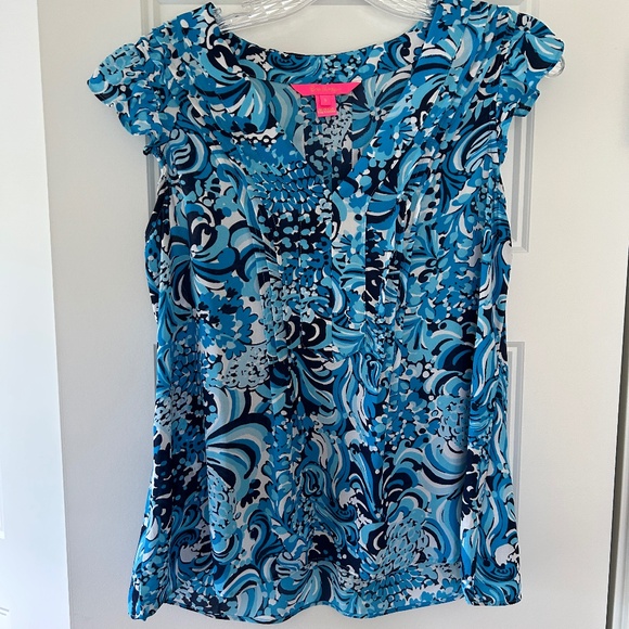 Lilly Pulitzer Top Blouse Ruffle Top Joan Small in Resort White Mermazing - Picture 5 of 12